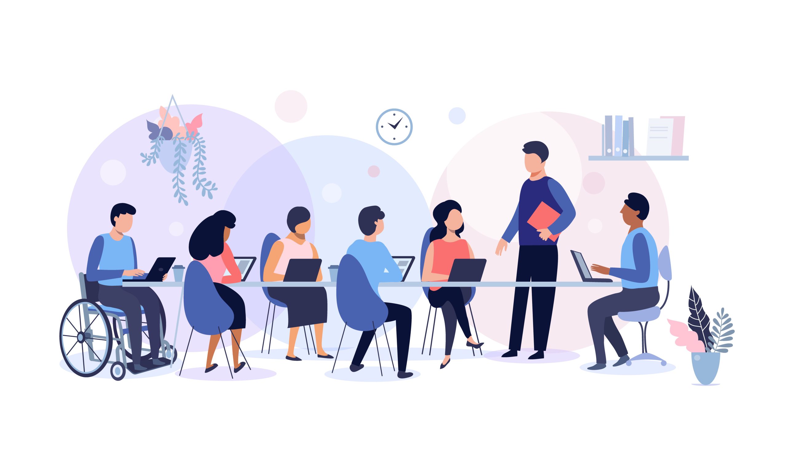 Business meeting and team work, group of people working in office, planning, workflow, time management and presentation concept, vector illustration.